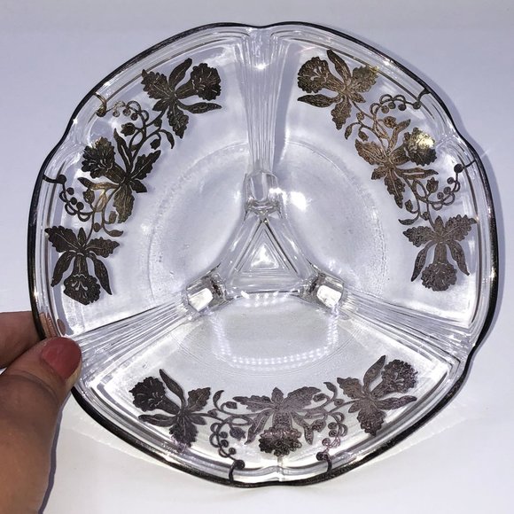 Vintage Clear Glass Footed Serving Dish Plate Overlay Trim Flowers - Picture 5 of 9